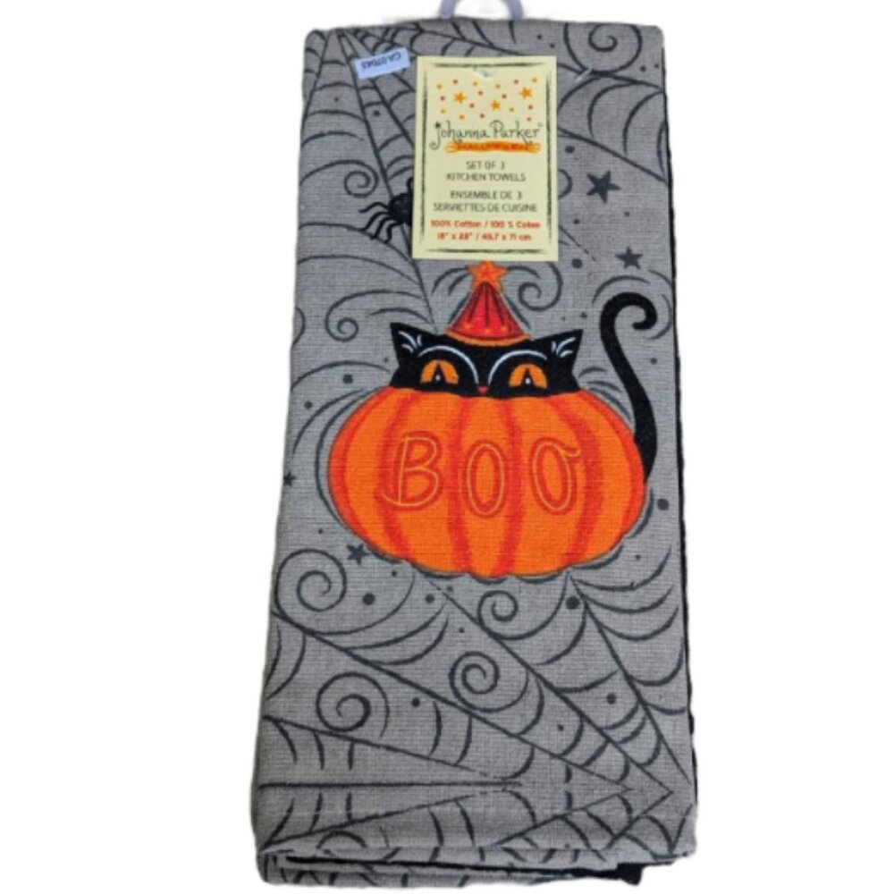 NWT Johanna Parker Halloween Cat & Pumpkin Towel Set of 3